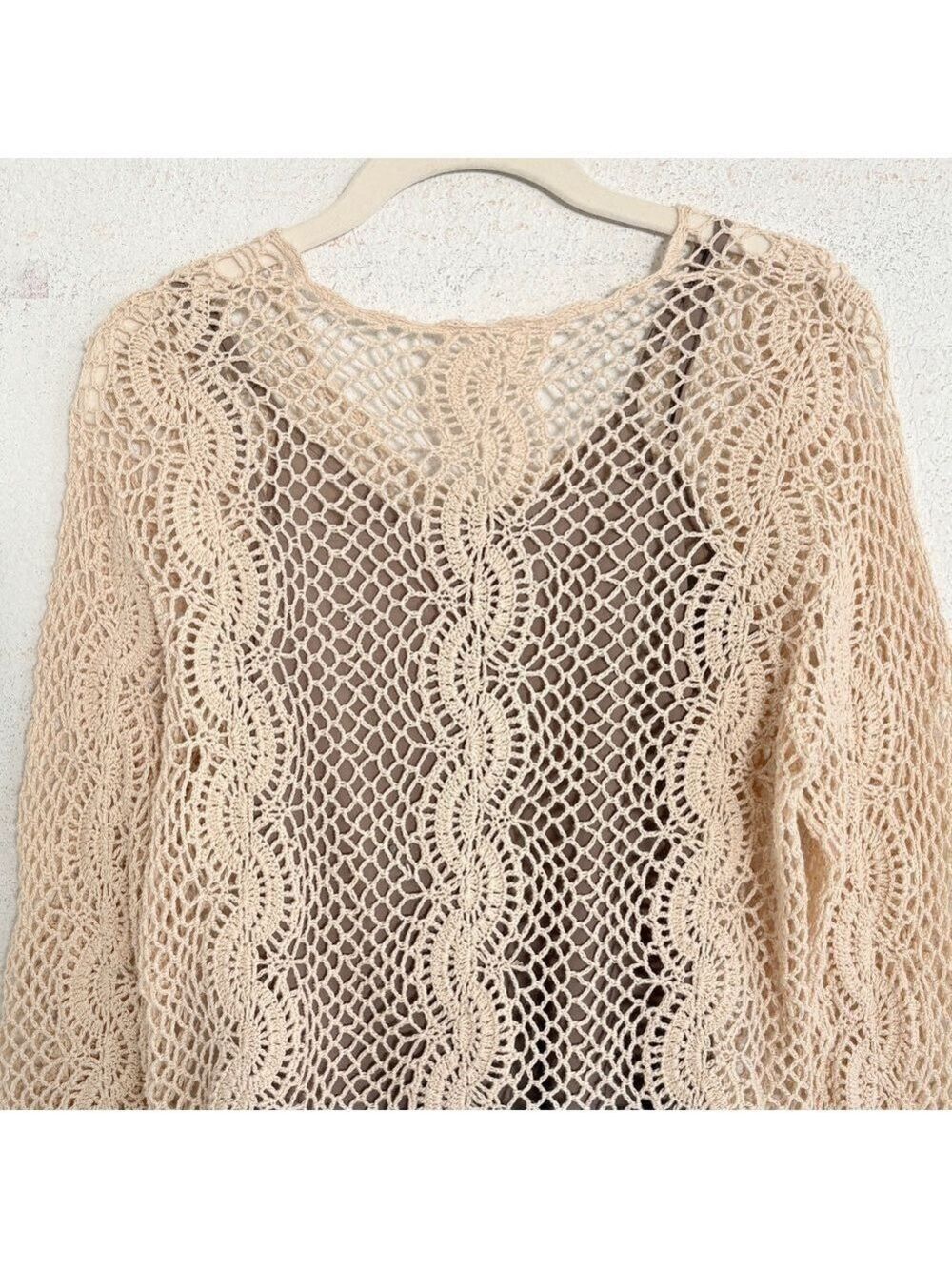 Vintage Open Knit Sweater Crochet Lace Fairy Indie Sleazy S Beige Cream - Picture 5 of 7